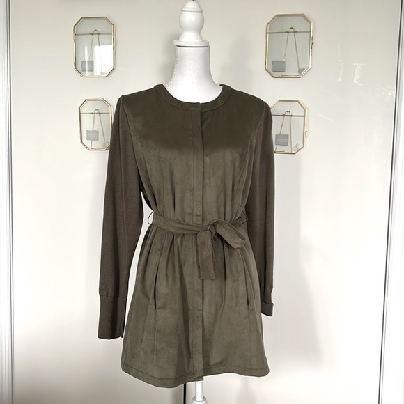 H by Halston Olive Green Faux Suede Knit Sleeve Belted Collarless Jacket Size 8 - Picture 2 of 16